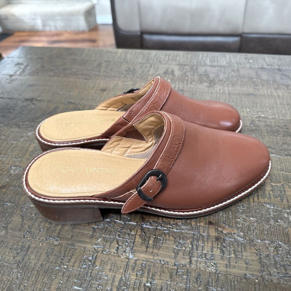 New Crown Vintage Vivo Brown Leather Clog Slip On Cognac Block Mule Western 8.5